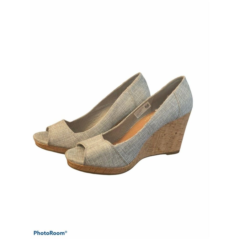 Toms Stella Grey Canvas Cork Wedge Slip on Peep To